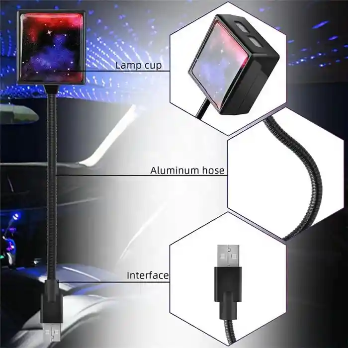 LED USB Starry Star Ambient Projector for Car Roof New Condition Interior Galaxy Sky Laser Lamp Red Blue Top Ceiling Light        Speacifactions: Voltage DC5V Type LED Car Roof Star Night Lights Condi